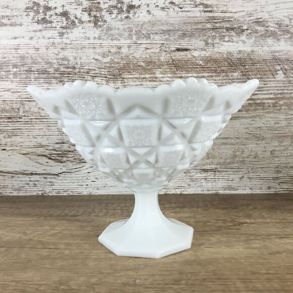Westmoreland Old Quilt Pattern Milk Glass Pedestal Compote 5.75" Tall X 8" Top D - Picture 2 of 10